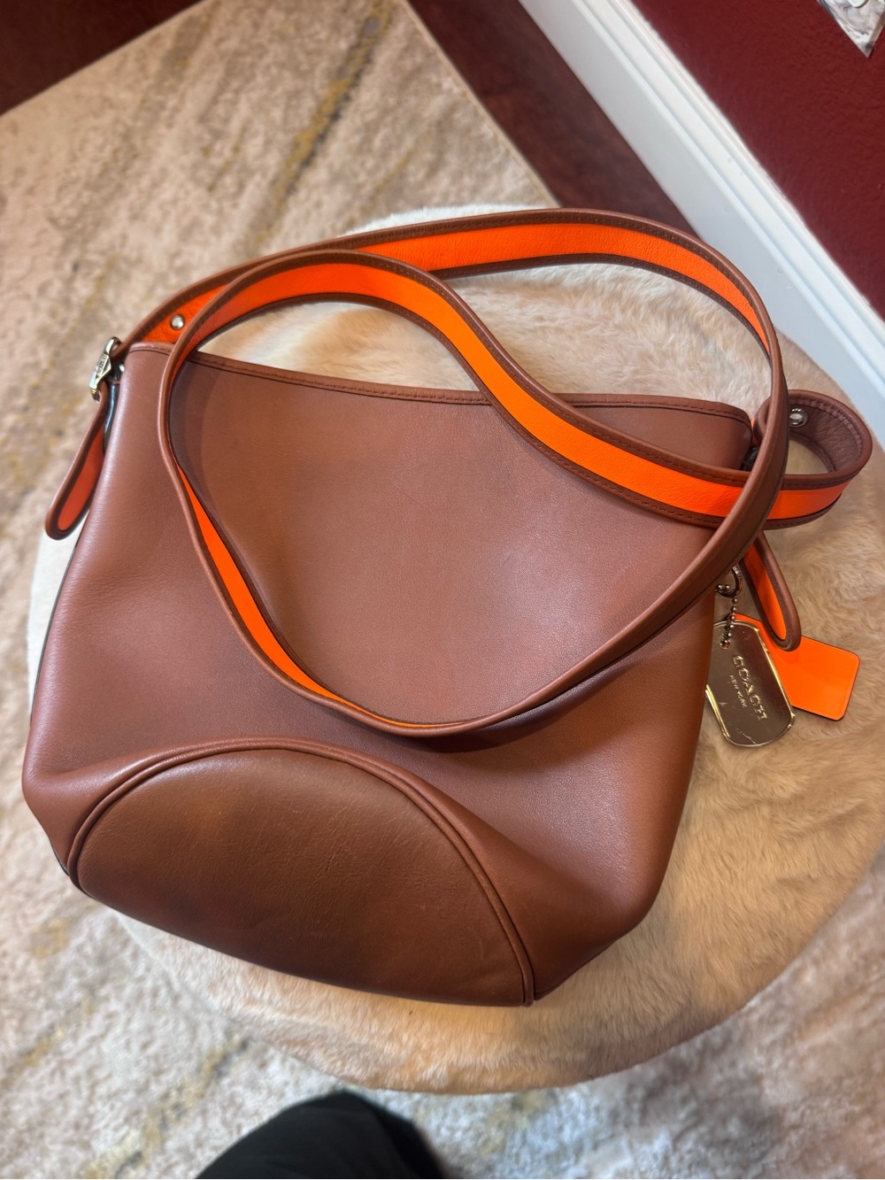 Coach Brown Leather Shoulder Bag with Orange Accent Strap